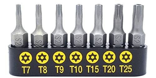Torx Security Bit Set 7 Piece T7 T8 T9 T10 T15 T20 T25 S2 Hardened Steel 1/4