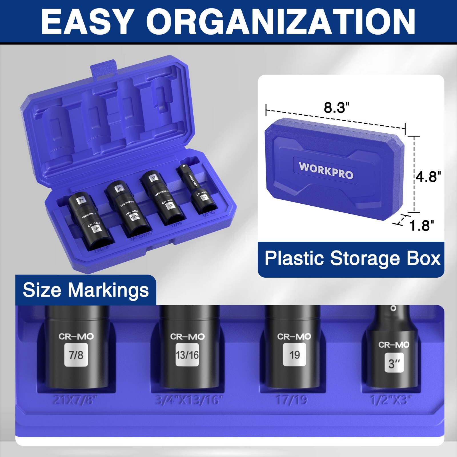 WORKPRO 4PCS Impact Socket Set 1/2″ Drive Wheel Socket Set Cr-Mo Steel Dual-Head