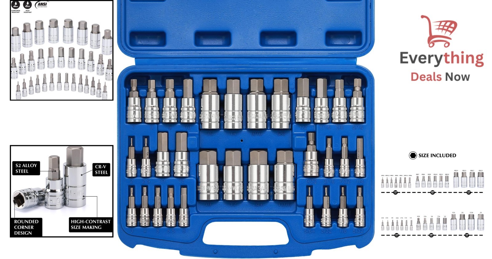 33pc Hex Bit Socket Set SAE Metric Allen Master Kit S2 Steel 1/4 3/8 1/2 Dr Case