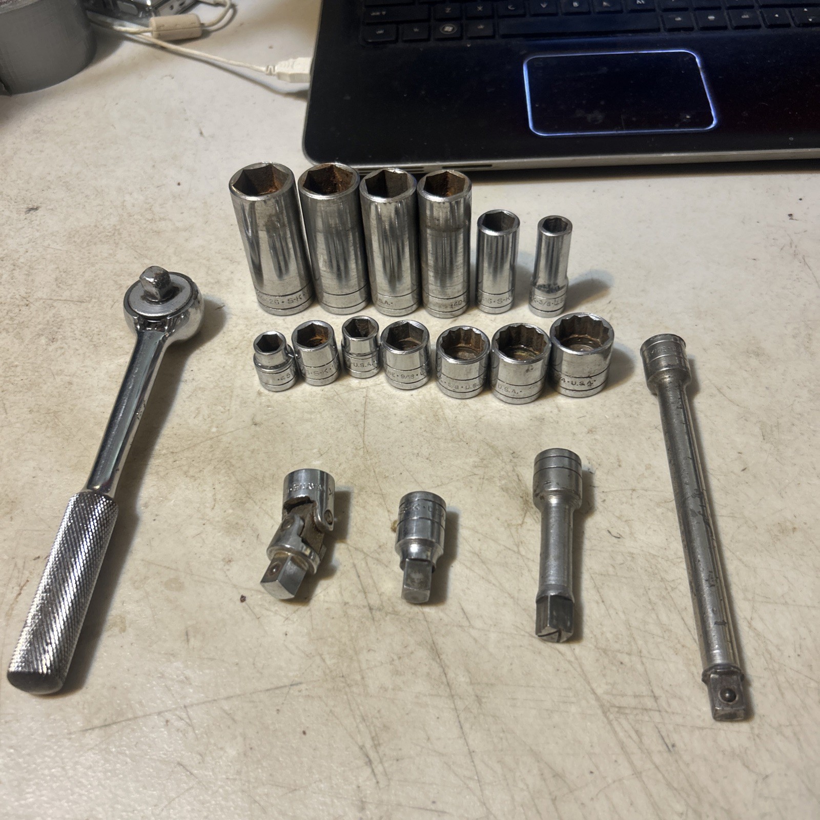 S-K TOOLS LOT- 3/8” Drive Ratchet 45170 Plus Extensions,Adapters & Sockets
