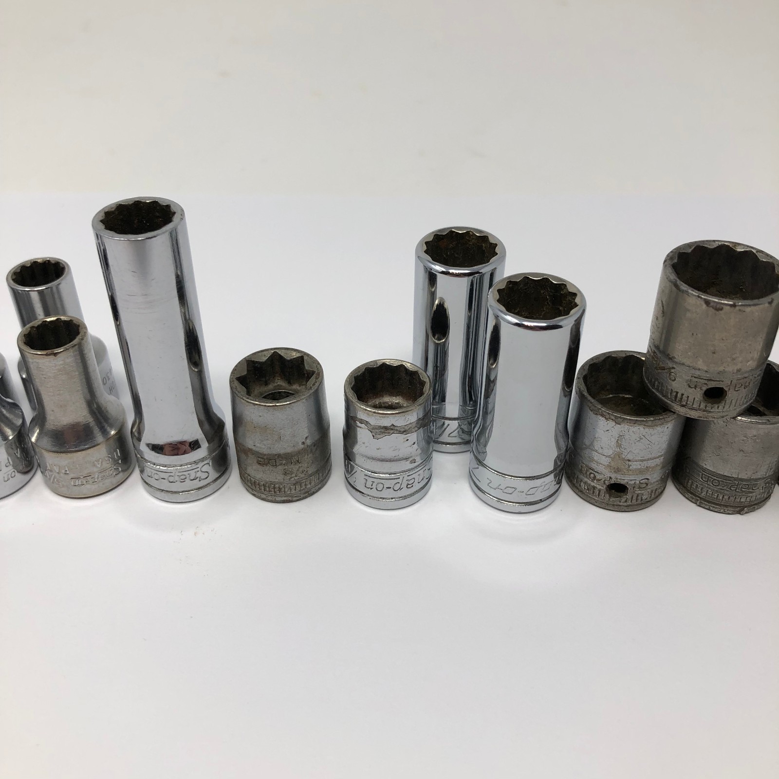 16 Snap On 3/8 Drive Socket Lot 12pt 1/4 5/16 3/8 7/16 9/16 3/4 7/8 Vintage USED