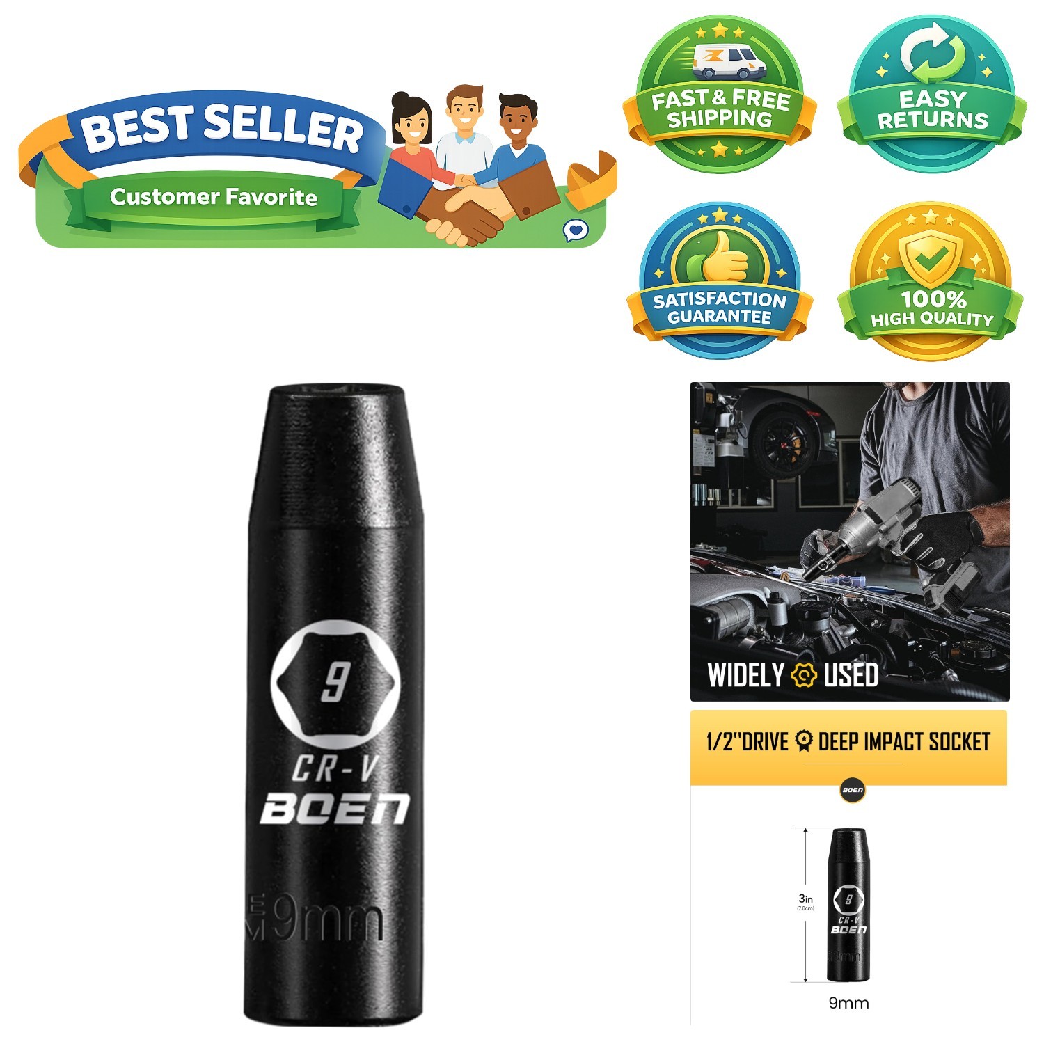 Durable 1/2″ Drive Deep Impact Socket 9mm – Laser Marked Cr-V Steel Performance