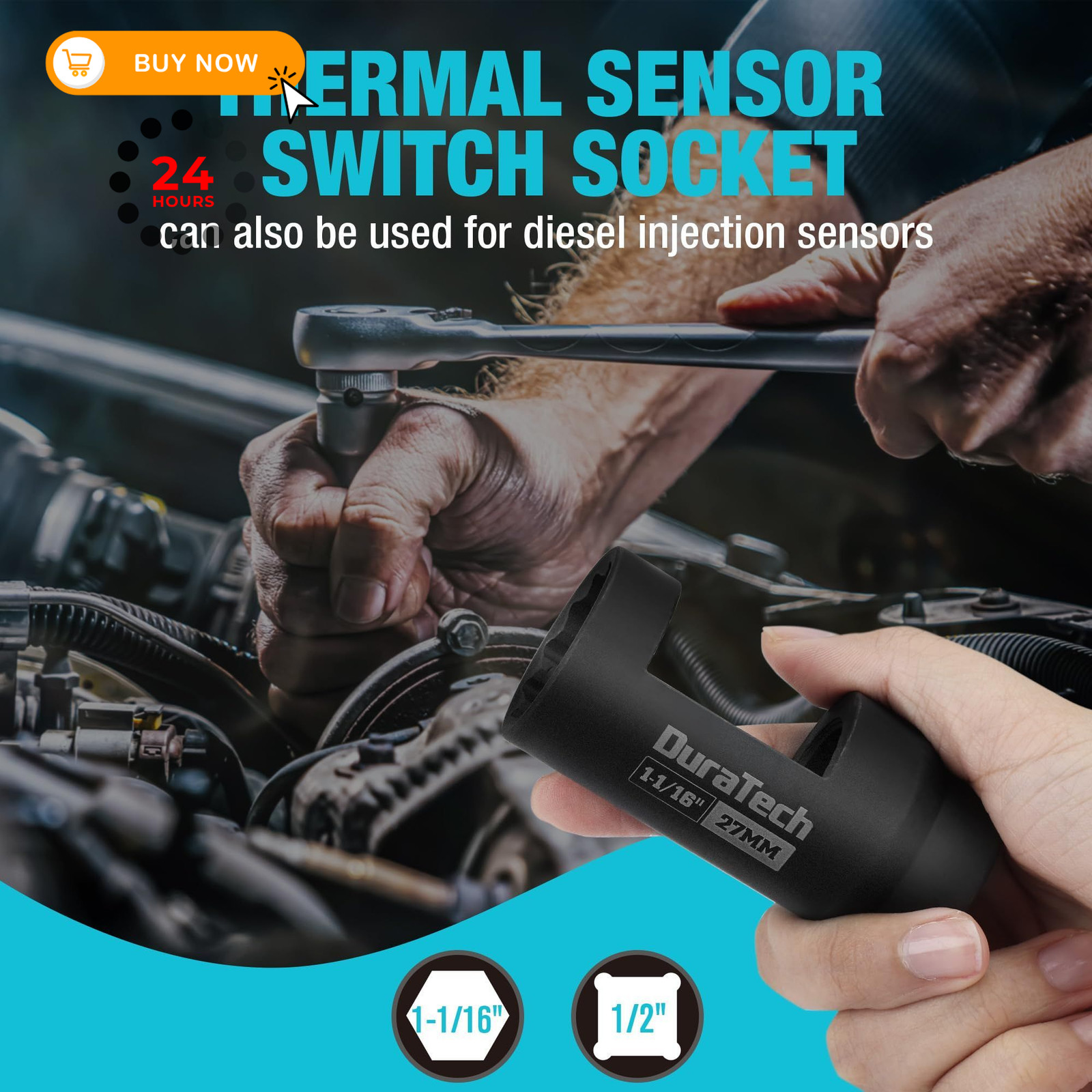 DURATECH 7PCS O2 Oxygen Sensor & Oil Pressure Socket Set, 1/2″ 3/8″ 7pcs