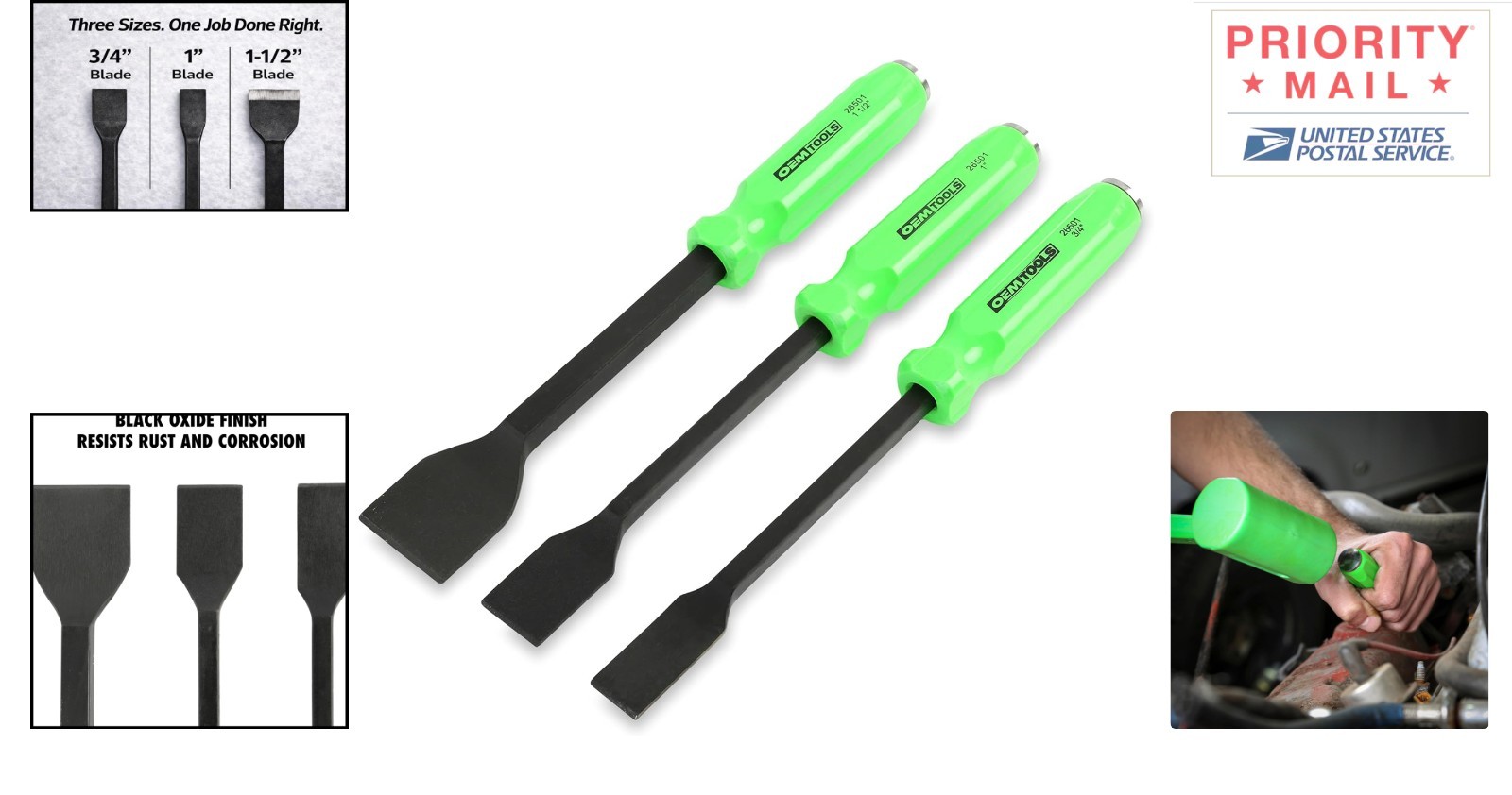 Versatile 3 Piece Gasket Scraper Set Heat Treated Steel for Mechanics Tools