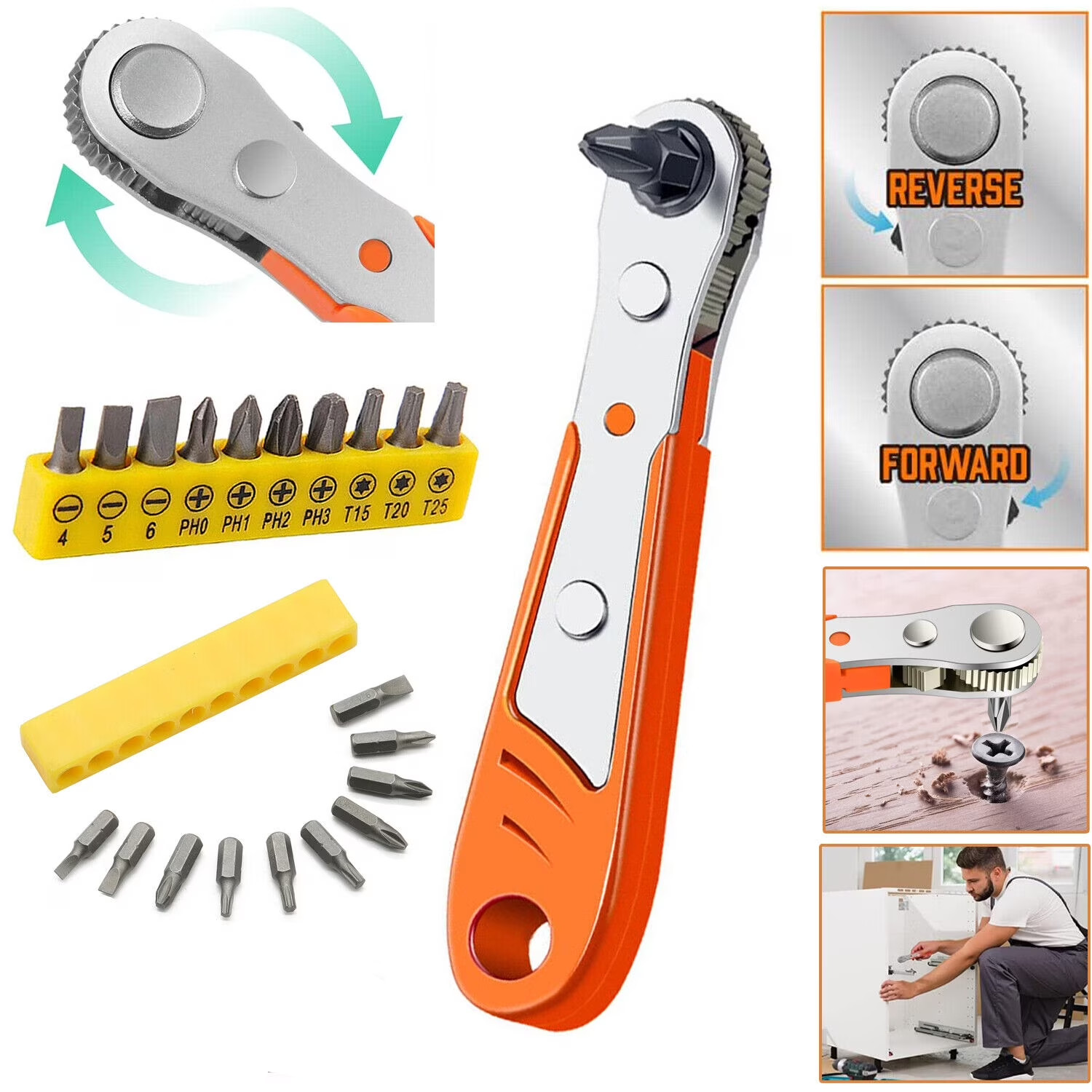 Ratcheting Right Angle Screwdriver Hex Drive 90 Degree Offset + 10pc Bits Set!