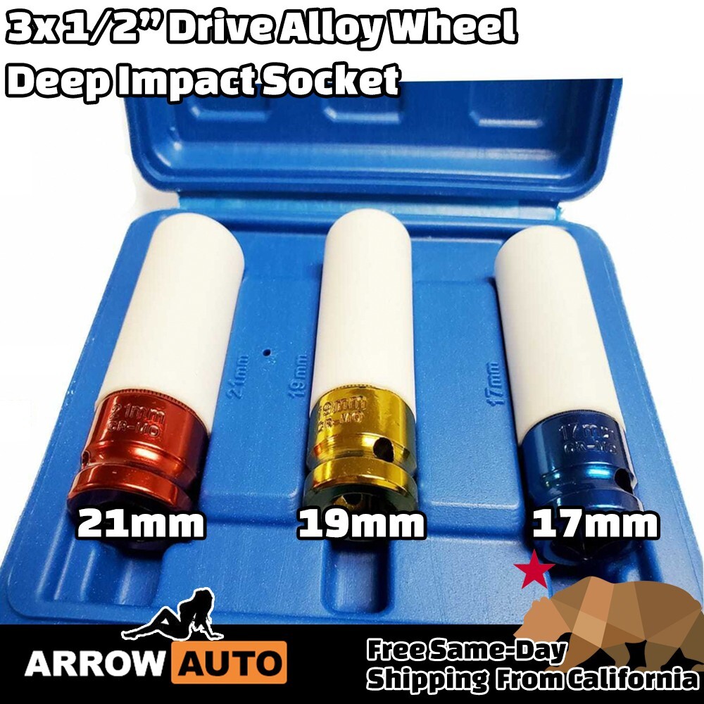 3Pc Non-Marring Impact Wheel Sockets Tool Set Deep Thin Wall 17mm 19mm 21mm