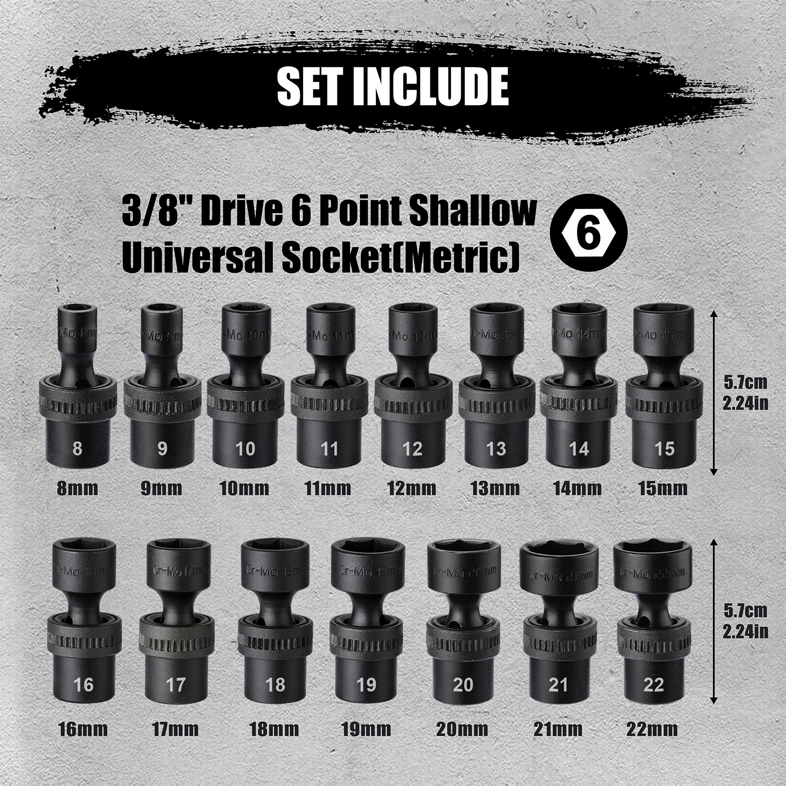 15 Piece 3/8″ Drive 6 Point Universal Flex Impact Socket Set, Metric, 8mm – 22mm