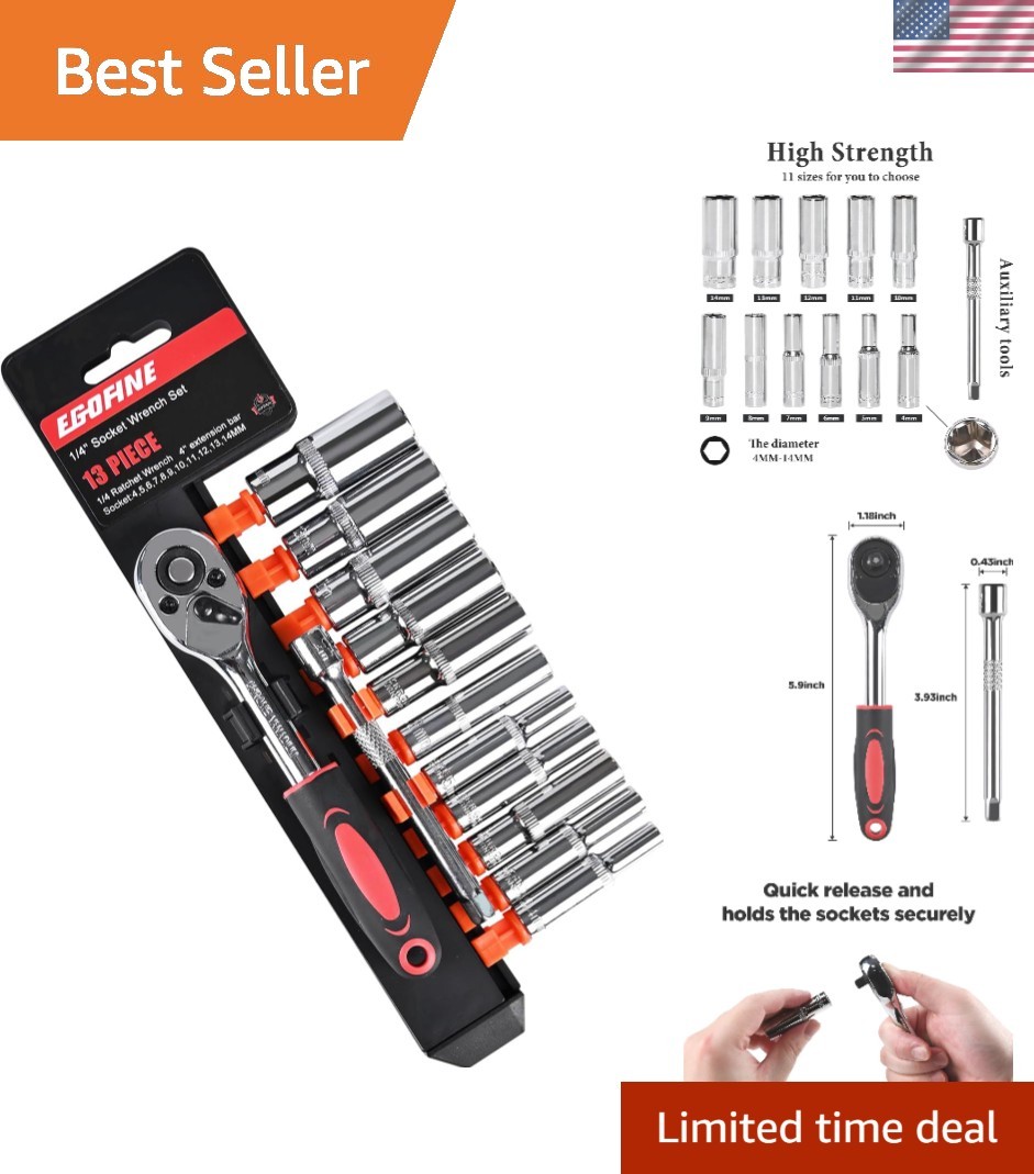 Durable 13PCS 1/4″ Drive Deep Socket Set | Comprehensive Metric Tool Collection