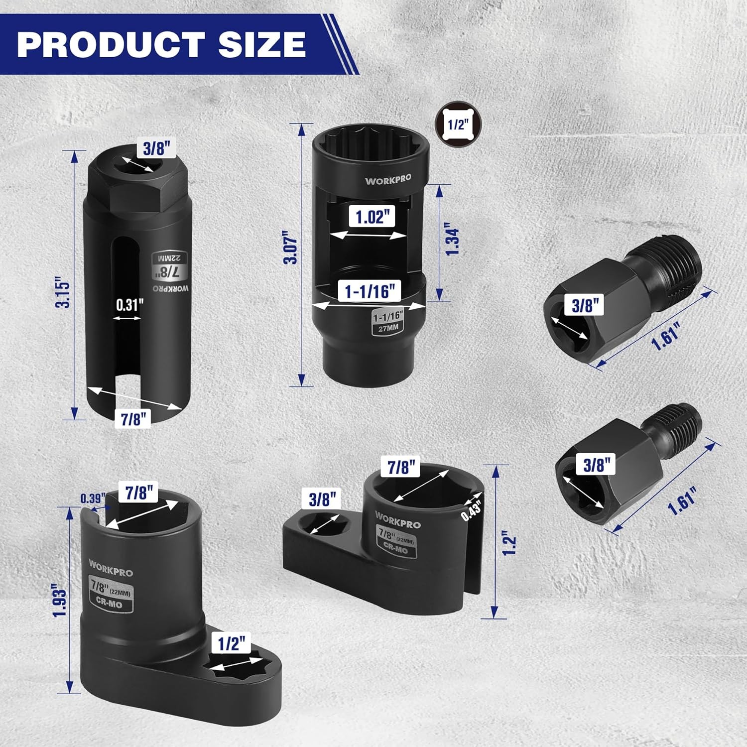 WORKPRO 6x O2 Oxygen Sensor Socket 3/8″ 1/2″ Dr Removal Tool Thread Chaser Set