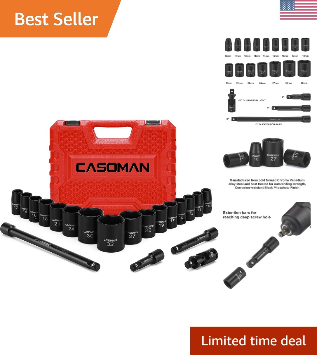 Metric 1/2-Inch Drive Impact Socket Set, 10mm-32mm – User-Friendly & Versatile