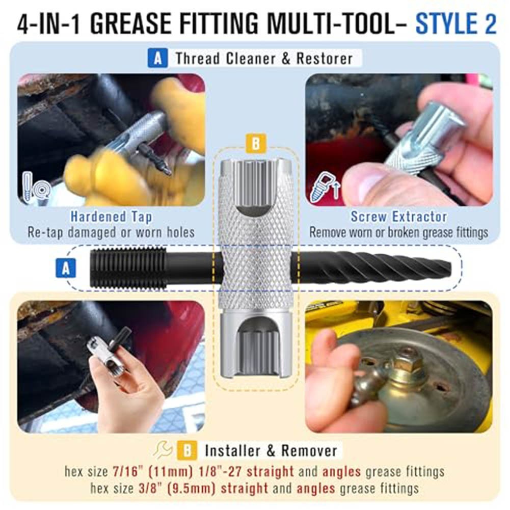 Dual Function Grease Zerk Tool Silver Socket and Black Tap for 1 8 1 4 Threads
