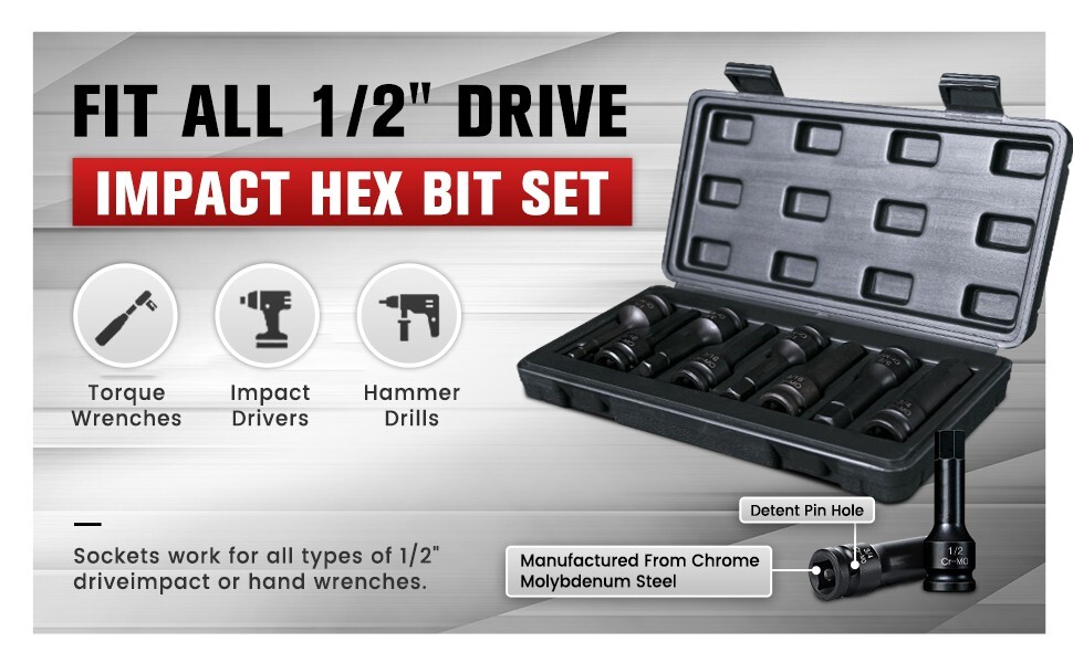 8 PCS 1/2 » Drive SAE Hex Impact Socket Set, 1/4″ to 3/4″, Master Impact,Cr-Mo
