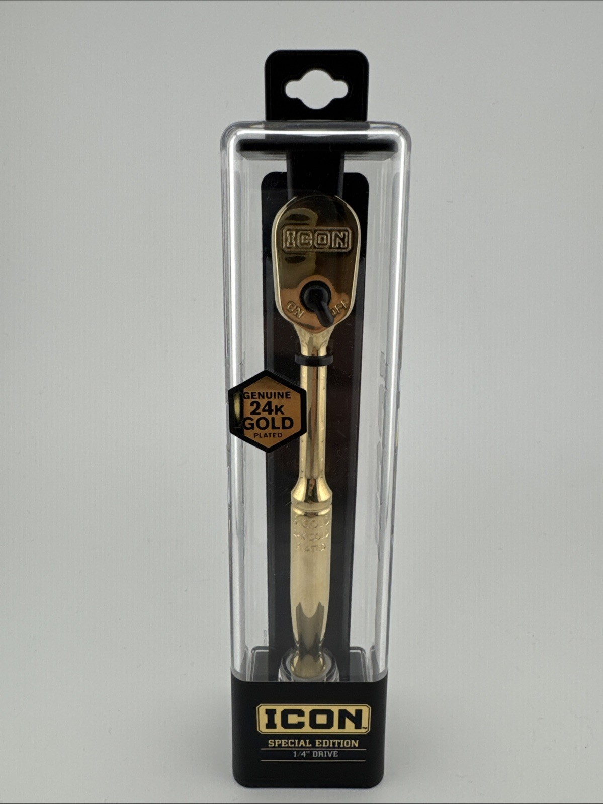 Icon 24K Gold Plated 1/4” Ratchet Pro. w/ stand Special Edition Wrench 59786 NEW