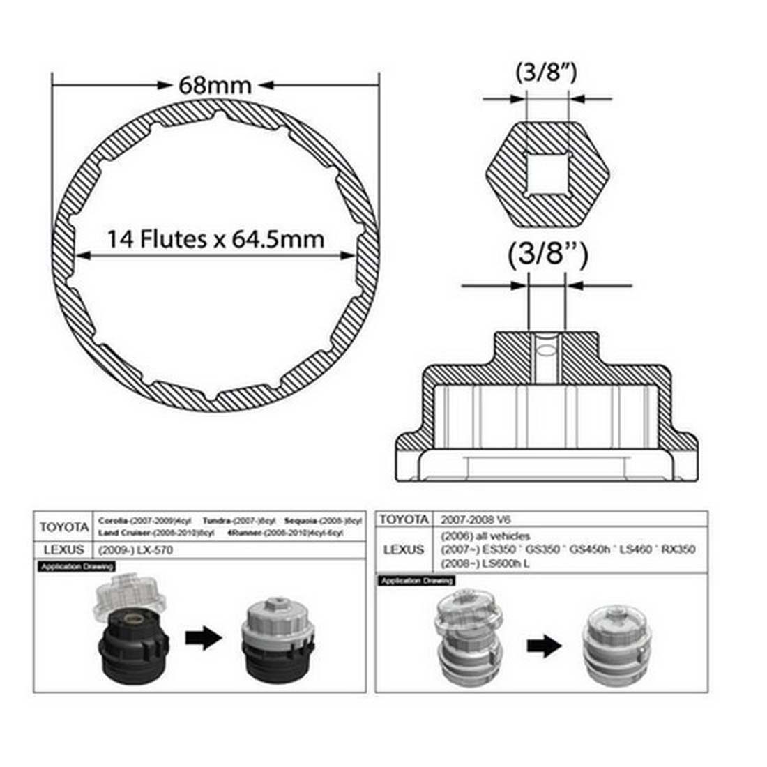 64mm Oil Filter Wrench Cap for Toyota Camry Highlander RAV4, Lexus 2.5L-5.7L
