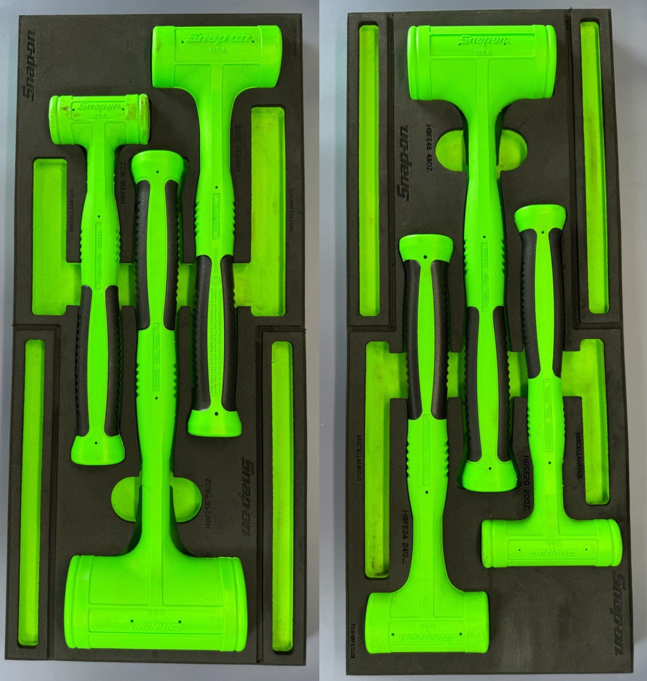 Snap-on HBFE6FG 16 20 24 32 48 56 oz 6-pc Green Dead Blow Hammer Foam Set