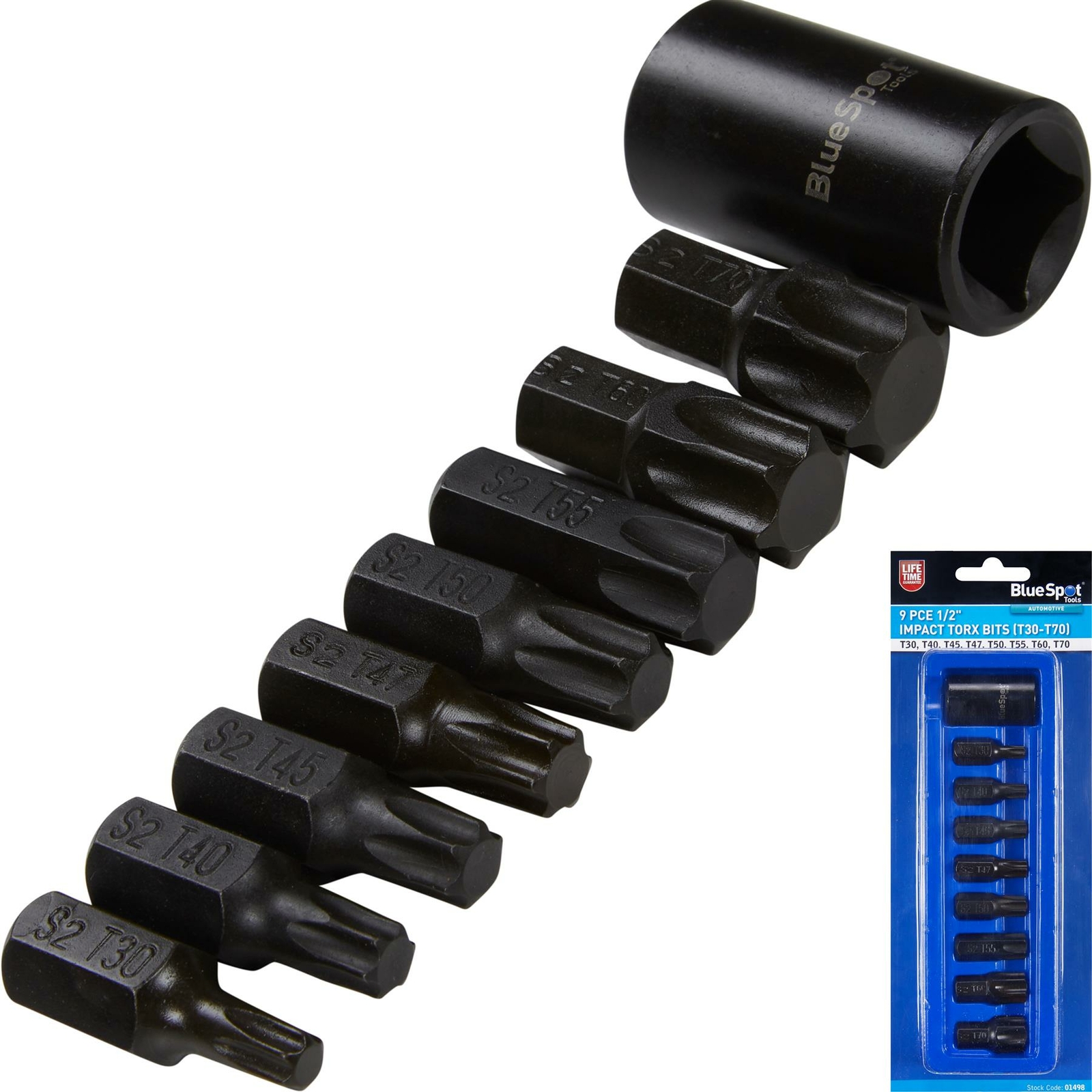 Impact Torx Bit Socket Set T30-T70 S2 Steel 1/2″ Drive 9pc 01498