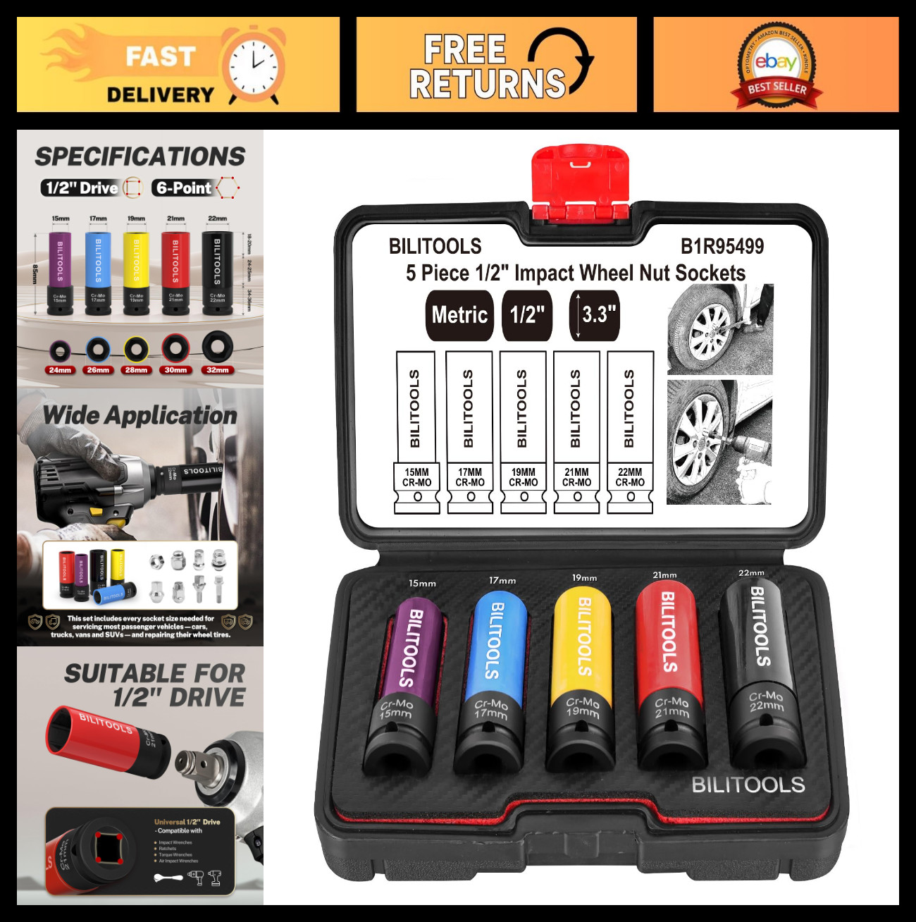 1/2″ Drive Impact Lug Nut Socket Set – 15mm 17mm 19mm 21mm 22mm Thin Wall Wheel