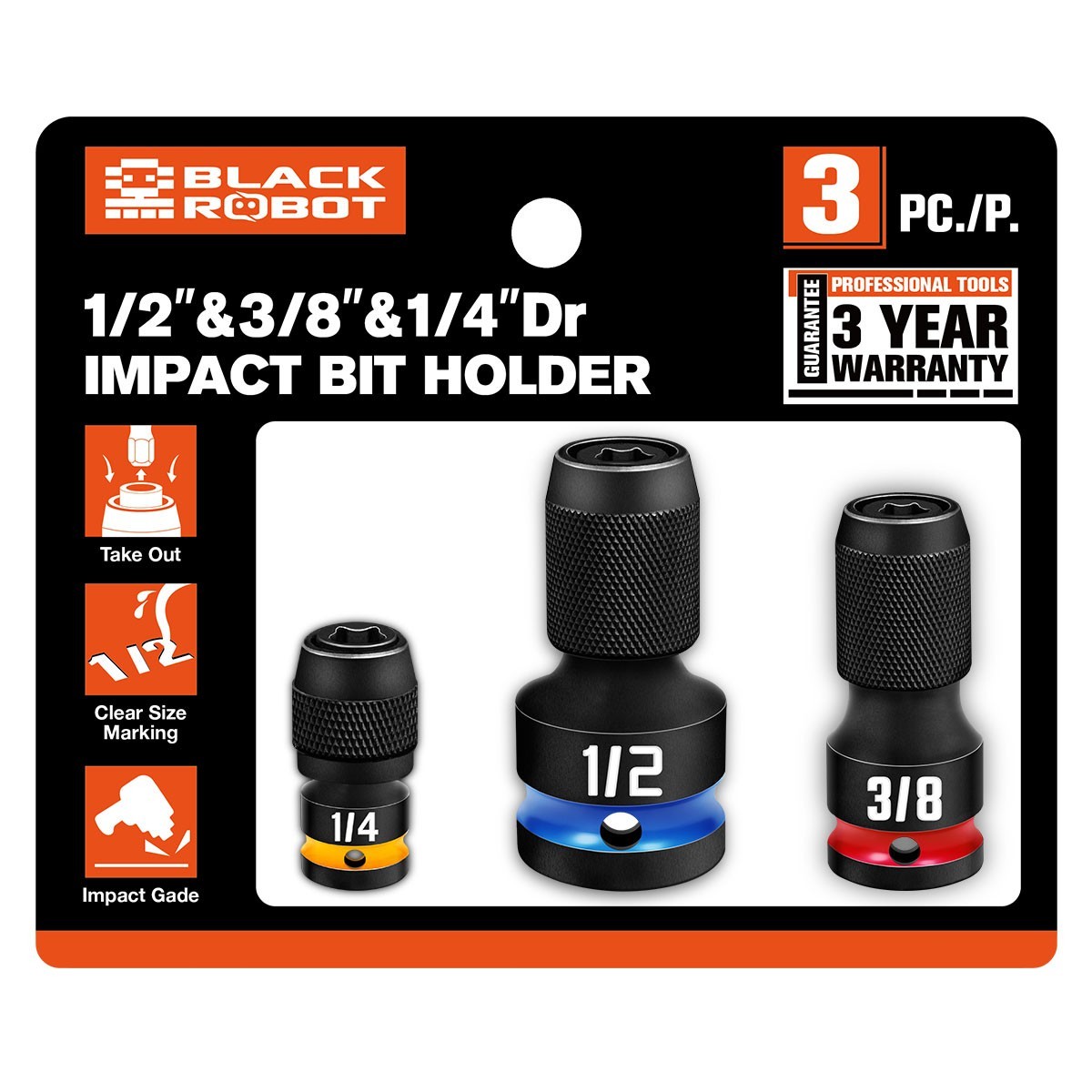 Impact Bit Holders 3/8 1/4 1/2-Inch Square Drive to 1/4-Inch Hex Socket Adapter