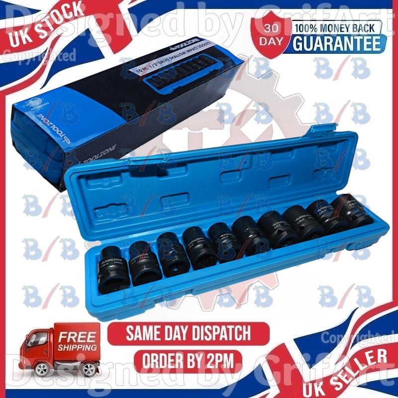 10PC 1/2″ SQUARE OPTI DRIVE 6 POINT METRIC SHALLOW IMPACT SOCKET SET 10MM-24MM
