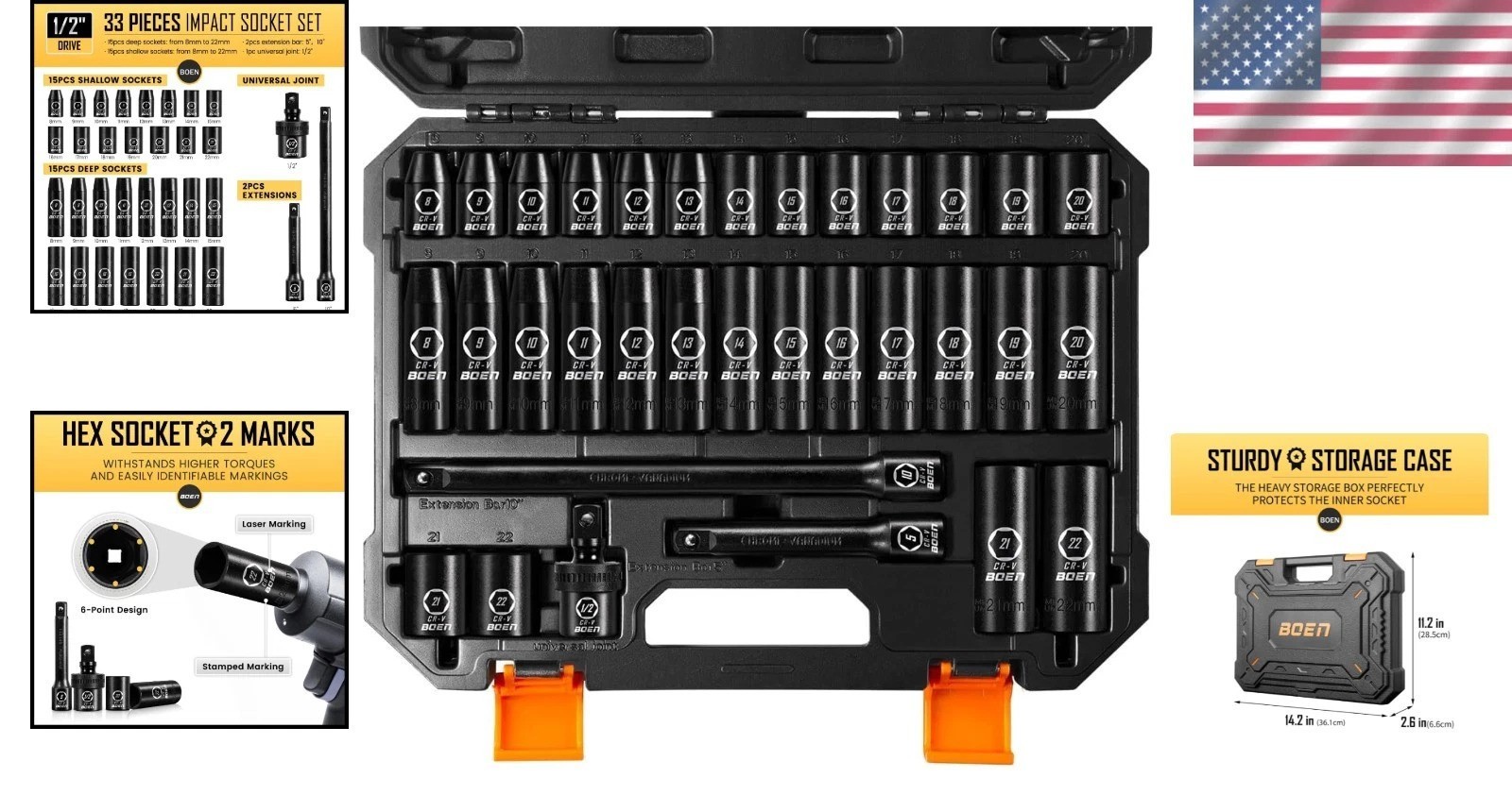 High-Durability 1/2″ Drive Impact Socket Set – 33 PCS with Extensions & Joint