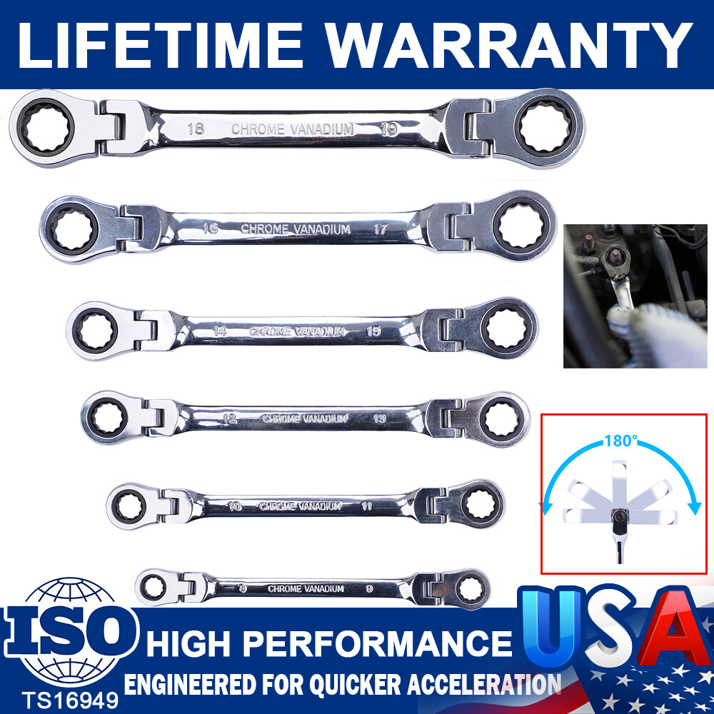 6Pack Flex-Head Double Box End Ratcheting Wrench Extra Spanners Metric Universal
