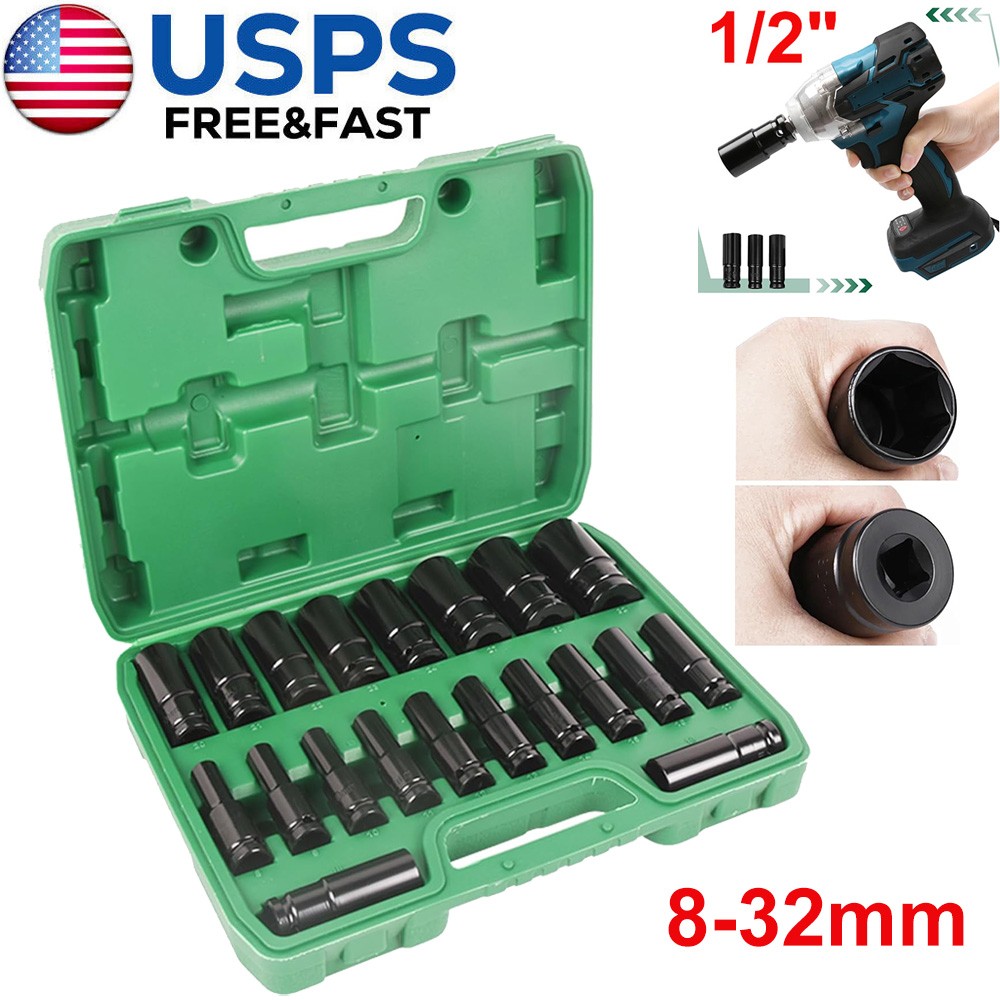 20PCS 1/2 Inch Impact Sockets Set Drive Metric 8mm-32mm Deep 6-Point Set w/ Case