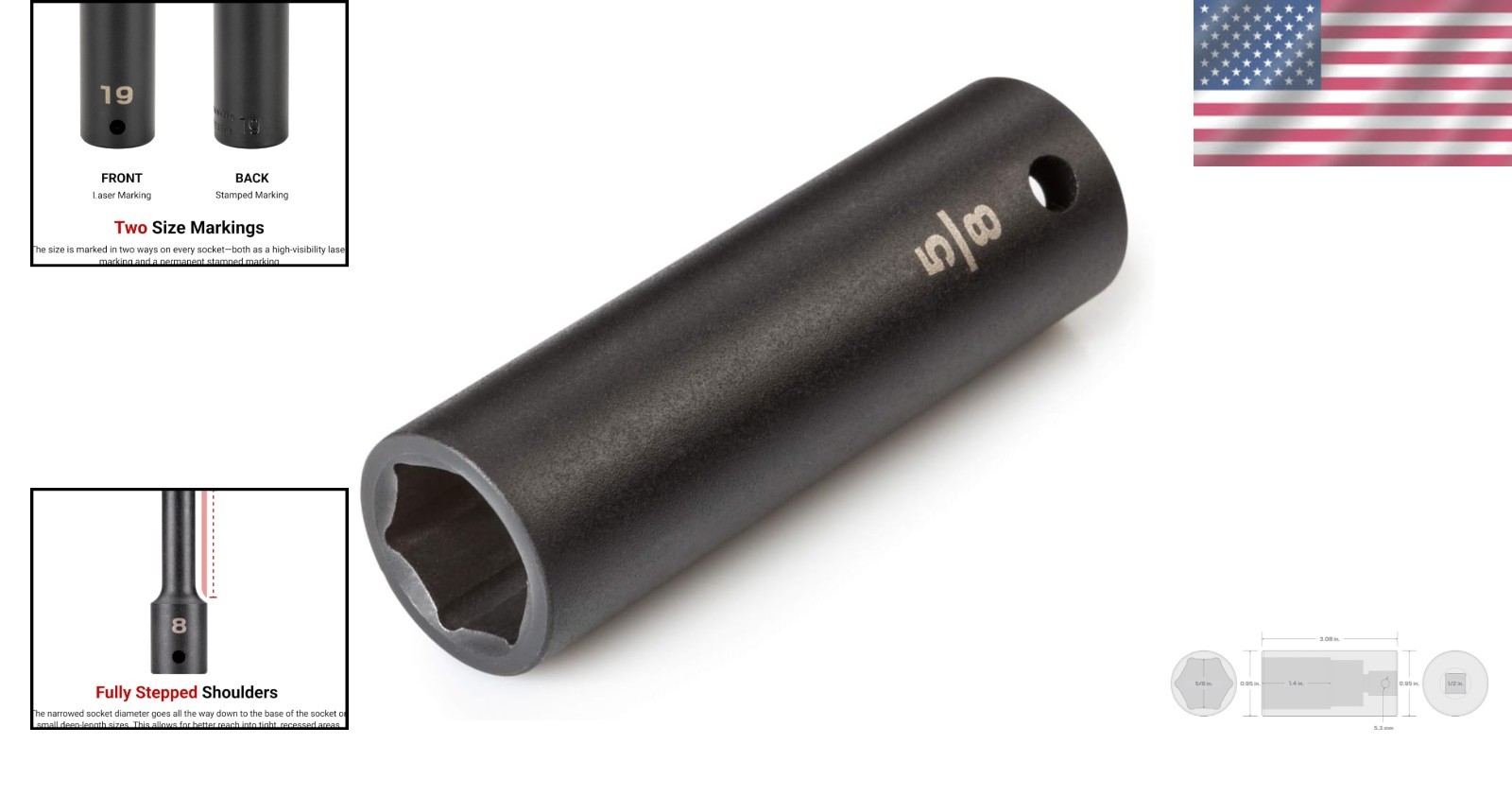 Durable 1/2 Inch Drive Deep Impact Socket 5/8 Inch 6-Point with Manganese Finish