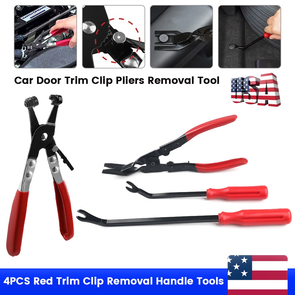 Auto Clip Pliers Set Fastener Remover Car Trim Rivet Removal Pry Tool Red 4PC US
