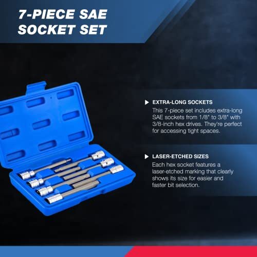 7PCS 10072A 3/8-In Drive Extra Long Allen Hex Bit Socket Set, SAE, 1/8-In-3/8-In