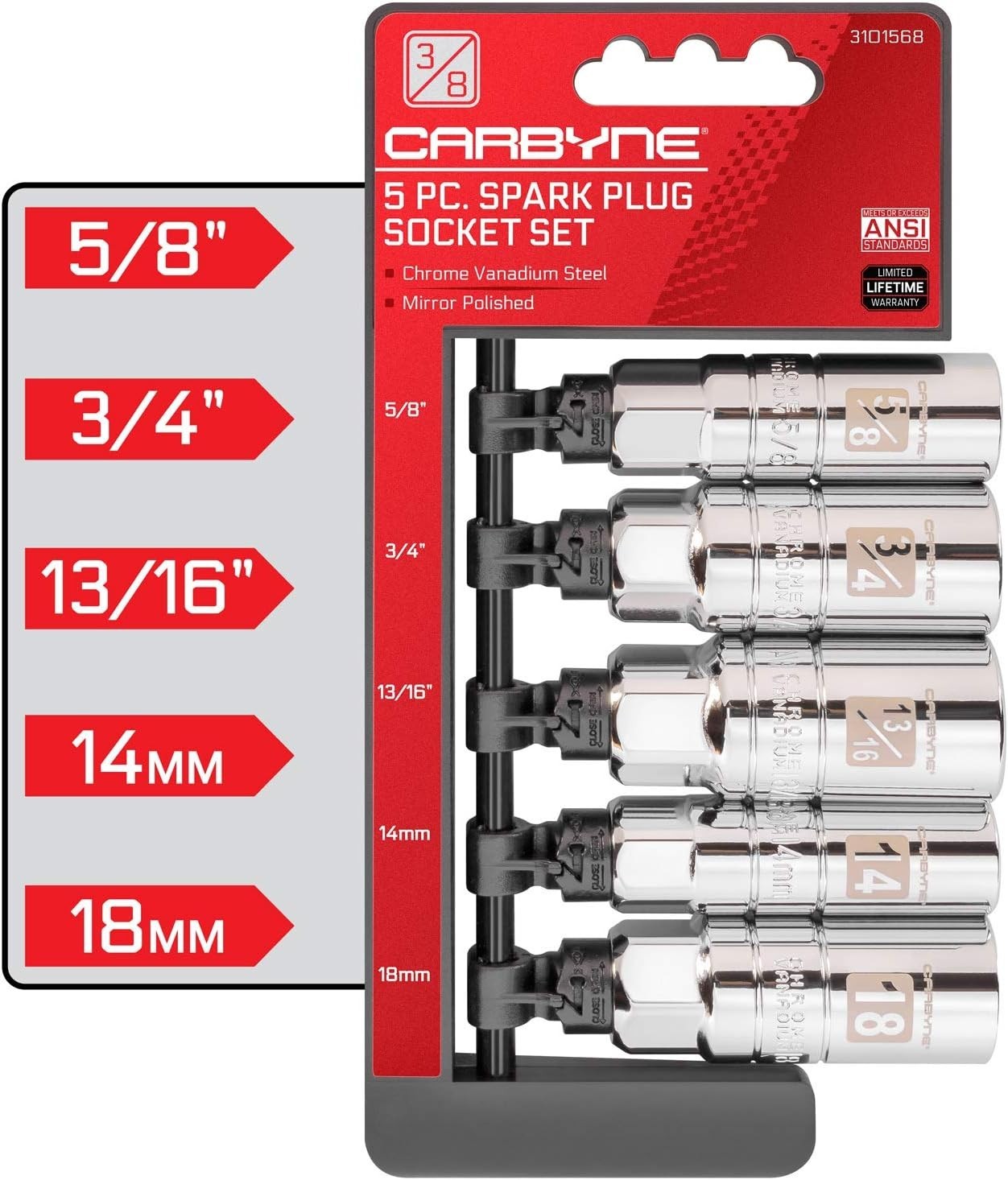 CARBYNE 5 Piece Spark Plug Socket Set 14mm, 3/8 5/8 3/4 13/16 in Drive SAE & M