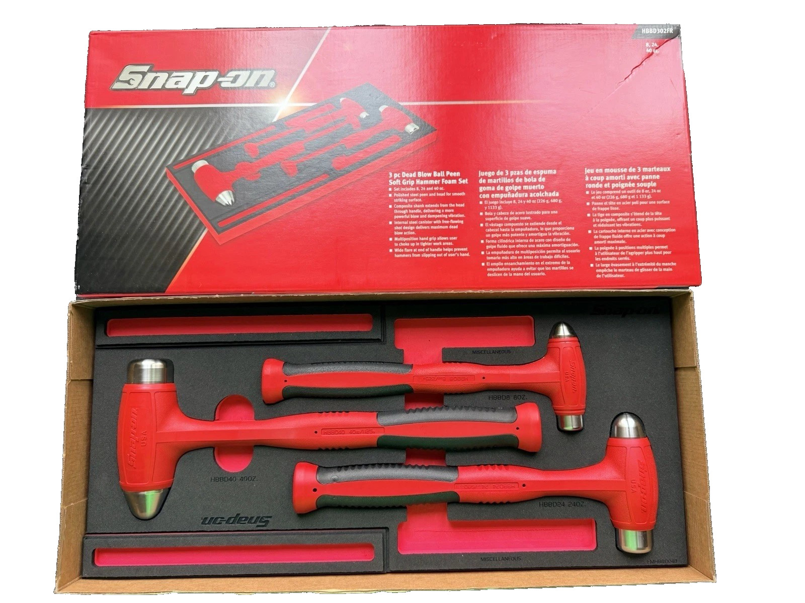 New Snap-on™ HBBD302FR 3-pc 8 24 40 oz RED Dead Blow Hammer Foam Set HBBD8