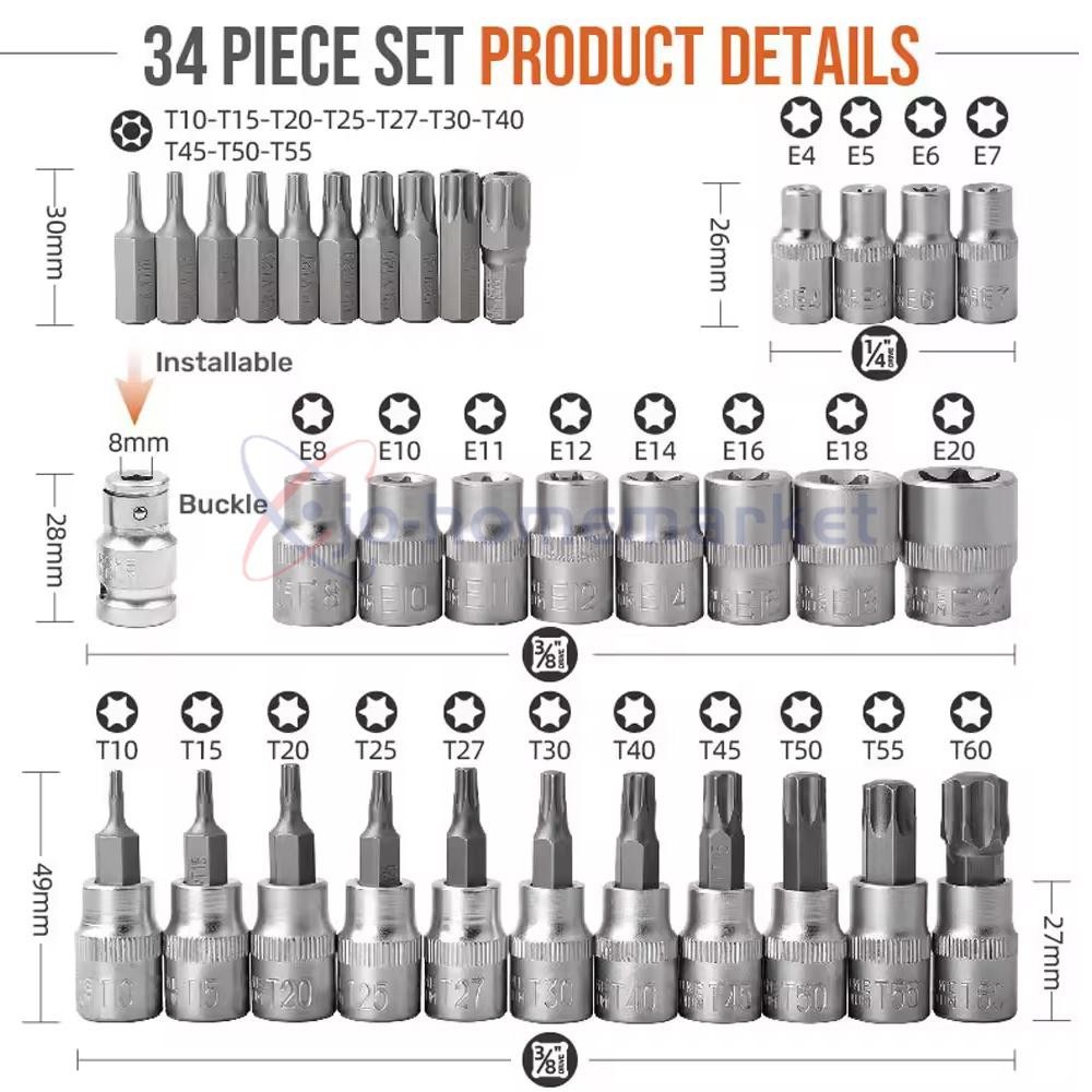 34Pcs Drive Male Female Torx Star Bit Socket E-socket Set Handheld Tool Case US