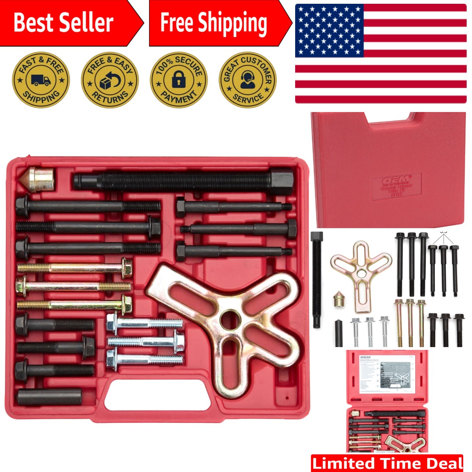 Durable 27187 Harmonic Balancer Puller Kit – Heat-Treated, 19 Alloy Steel Pieces