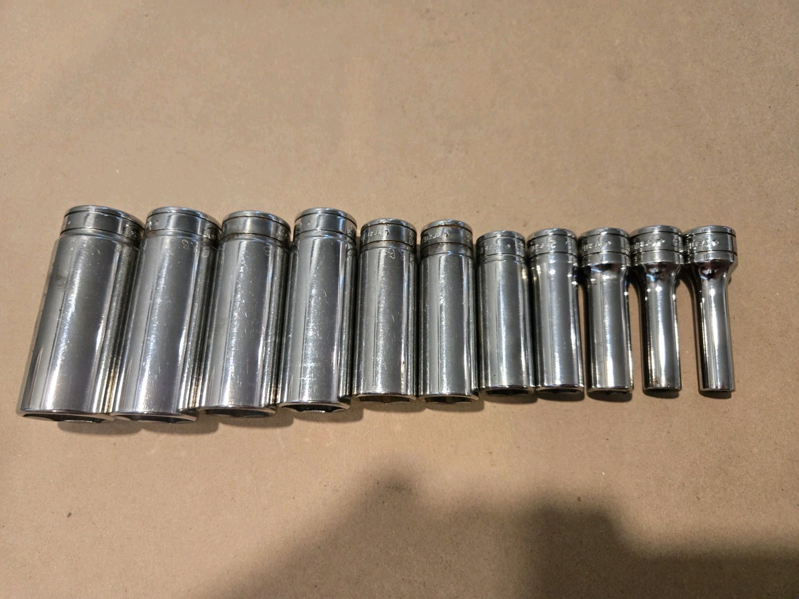 Snap On 3/8″ Drive 1/4″-7/8″ 6PT SAE Deep Chrome Sockets USA With Rack Lot Of 11