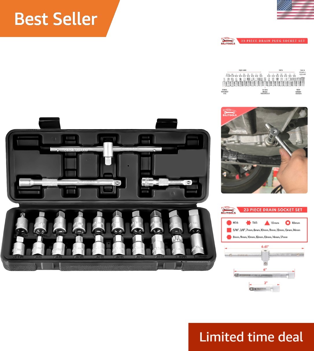 23-Piece Drain Plug Socket Set – 3/8″ Drive for Engine & Gearbox Maintenance