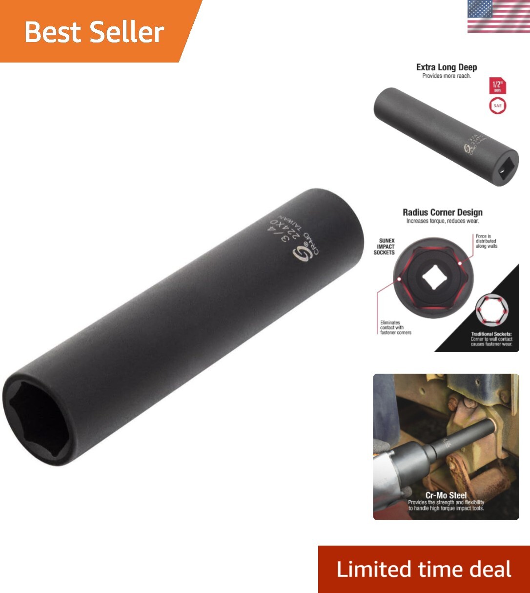 1/2 Inch Drive Extra Deep Impact Socket – Black Phosphate Finish, ANSI Compliant