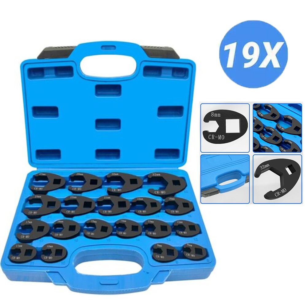 19PCS Flare Nut Crowfoot Wrench Set Metric Crows Foot Wrench Kit 3/8″ 1/2″ Drive