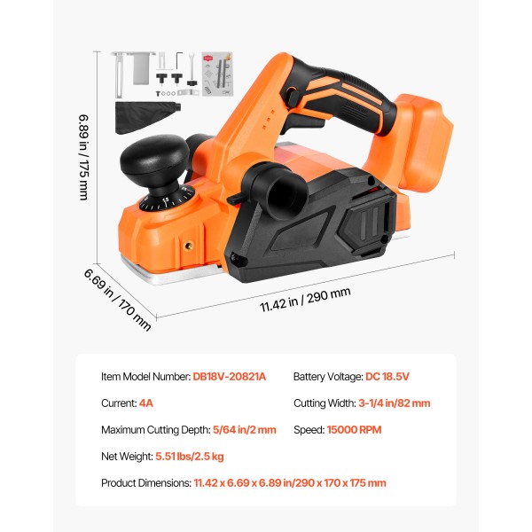 Cordless Electric Wood Planer, 3.25-Inch Cut Width, 15K RPM