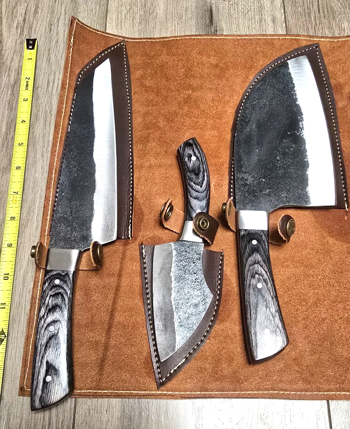 6pc Custom Hand Forged Kitchen Knife Set w/Full Tang Blades & Leather Roll Pouch