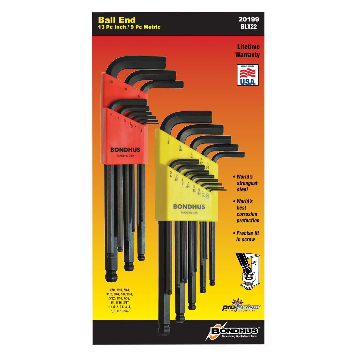 Bondhus 20199 Bondhus Ball End L-Wrench 22pc Multi-Pack in Sizes.050-3/8″