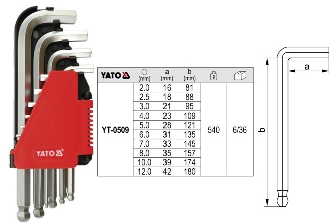YATO YT-0509 Hex Key Set 10 Pcs 2-12mm HRC 52-55 CrV 6150