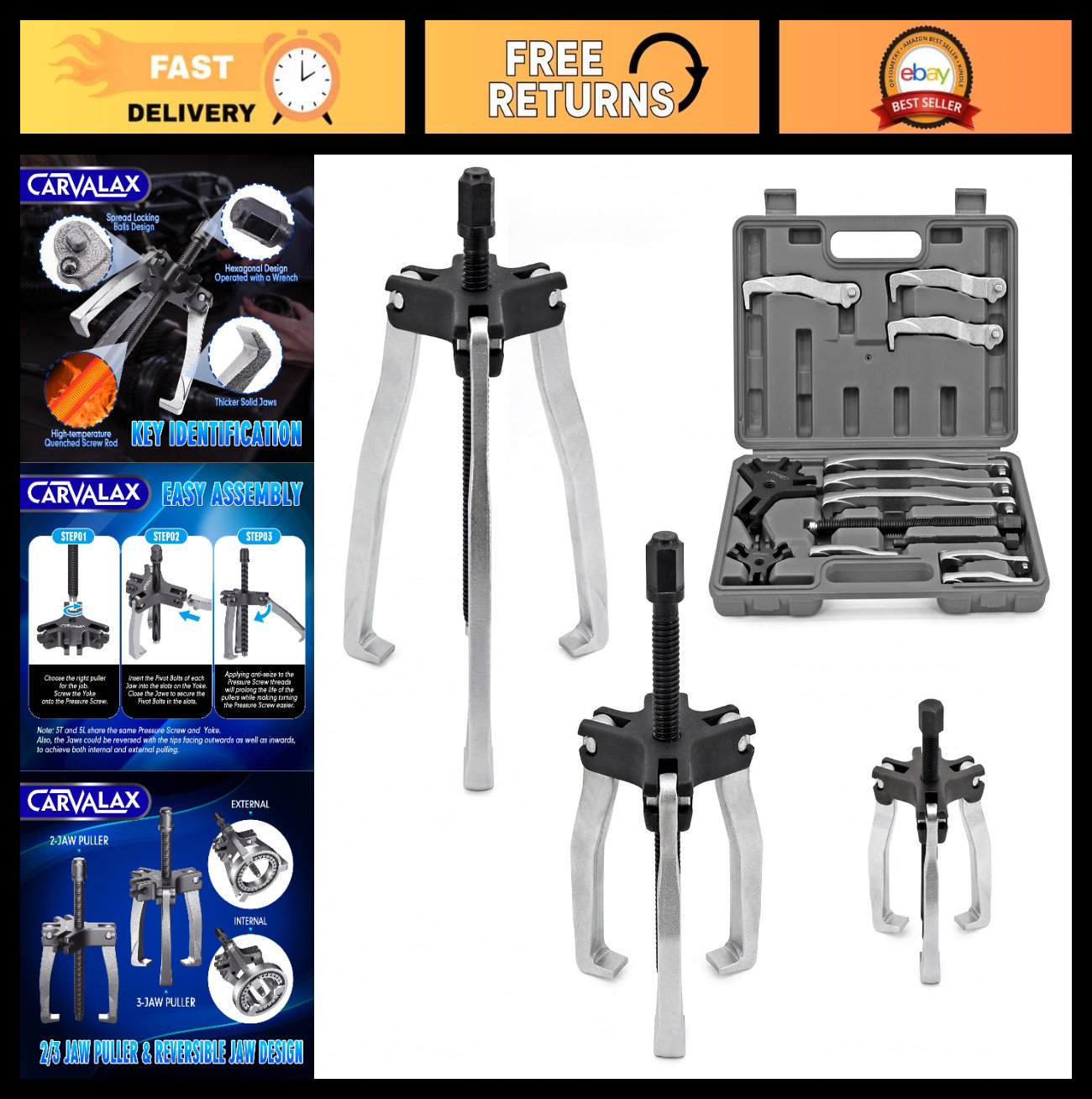 Heavy Duty Gear Puller Set – 2T, 5T & Wide-Spread – Reversible Jaw Bearing Tool
