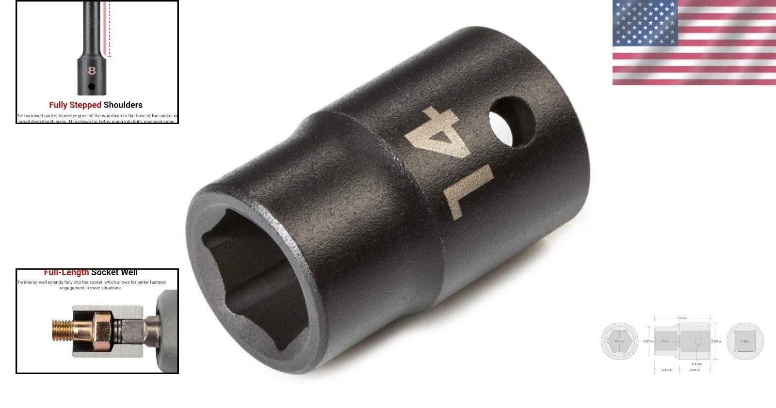 14mm 1/2 Inch Drive Shallow Impact Socket | Corrosion-Resistant Alloy Steel