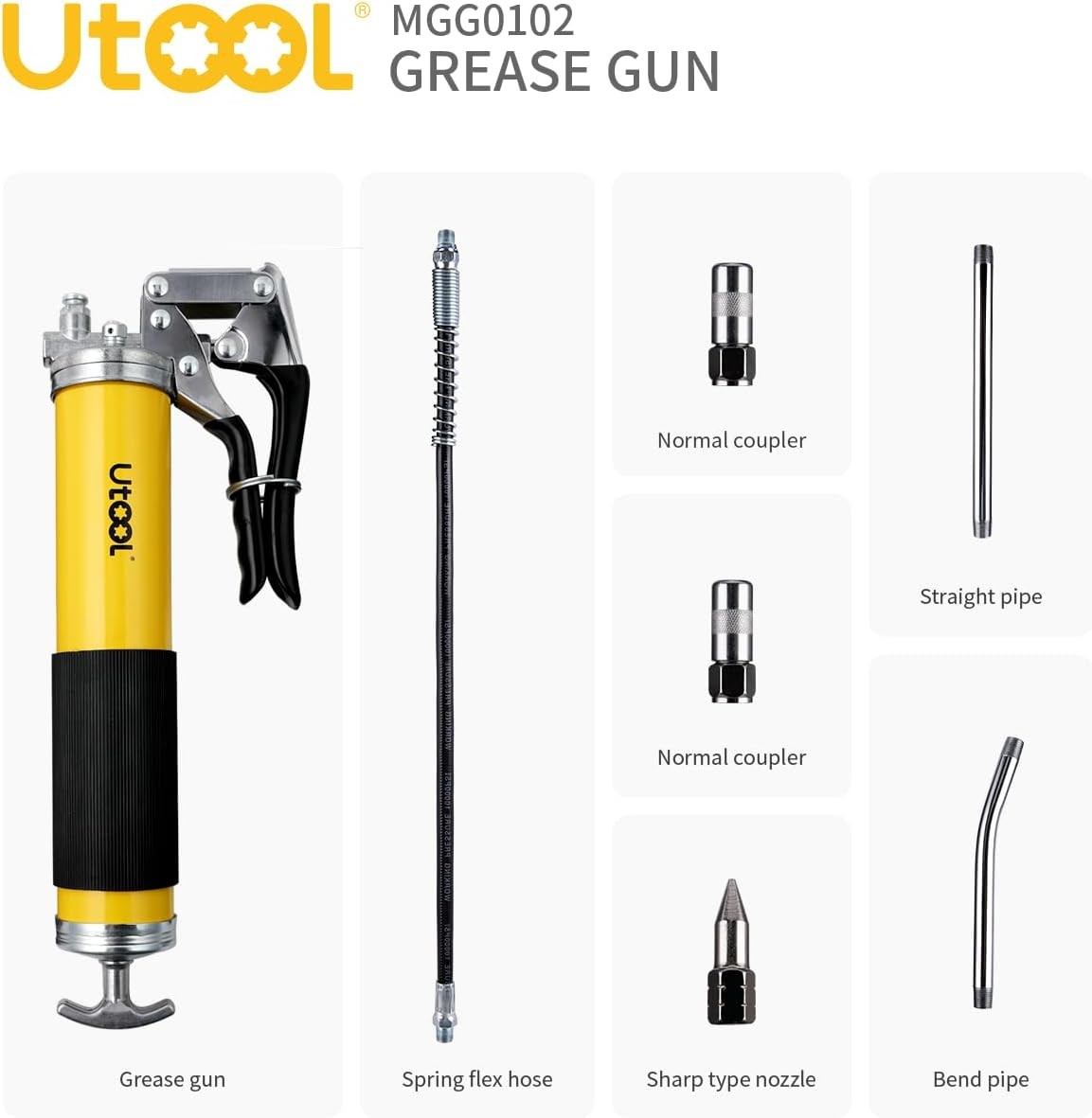 UTOOL Grease Gun, 8000 PSI Heavy 14oz with Standard Coupler Set, black/Yellow