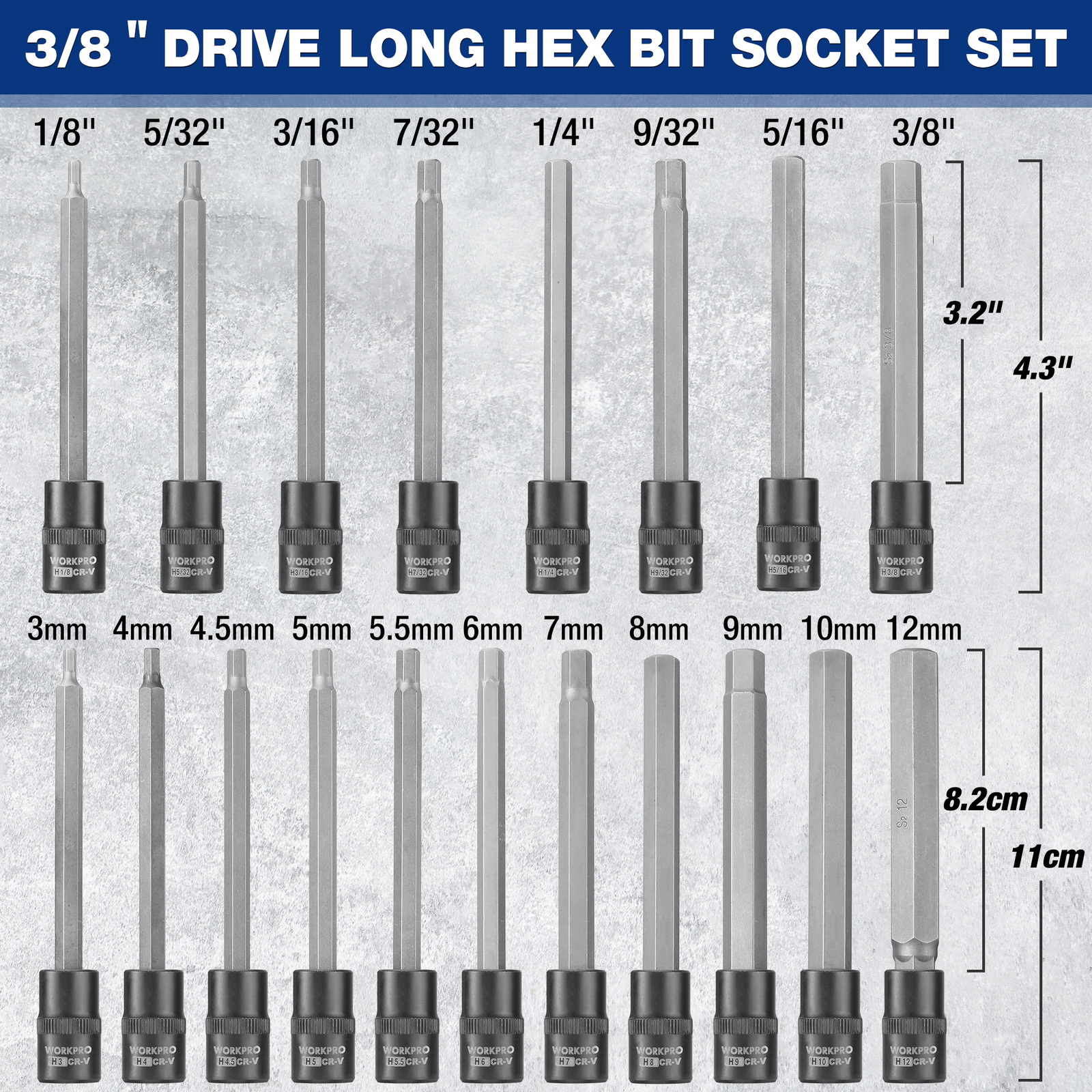 WORKPRO 19PC 3/8 Dr Extra Long Hex Bit Socket Set Long Allen Torx Bit Socket Set