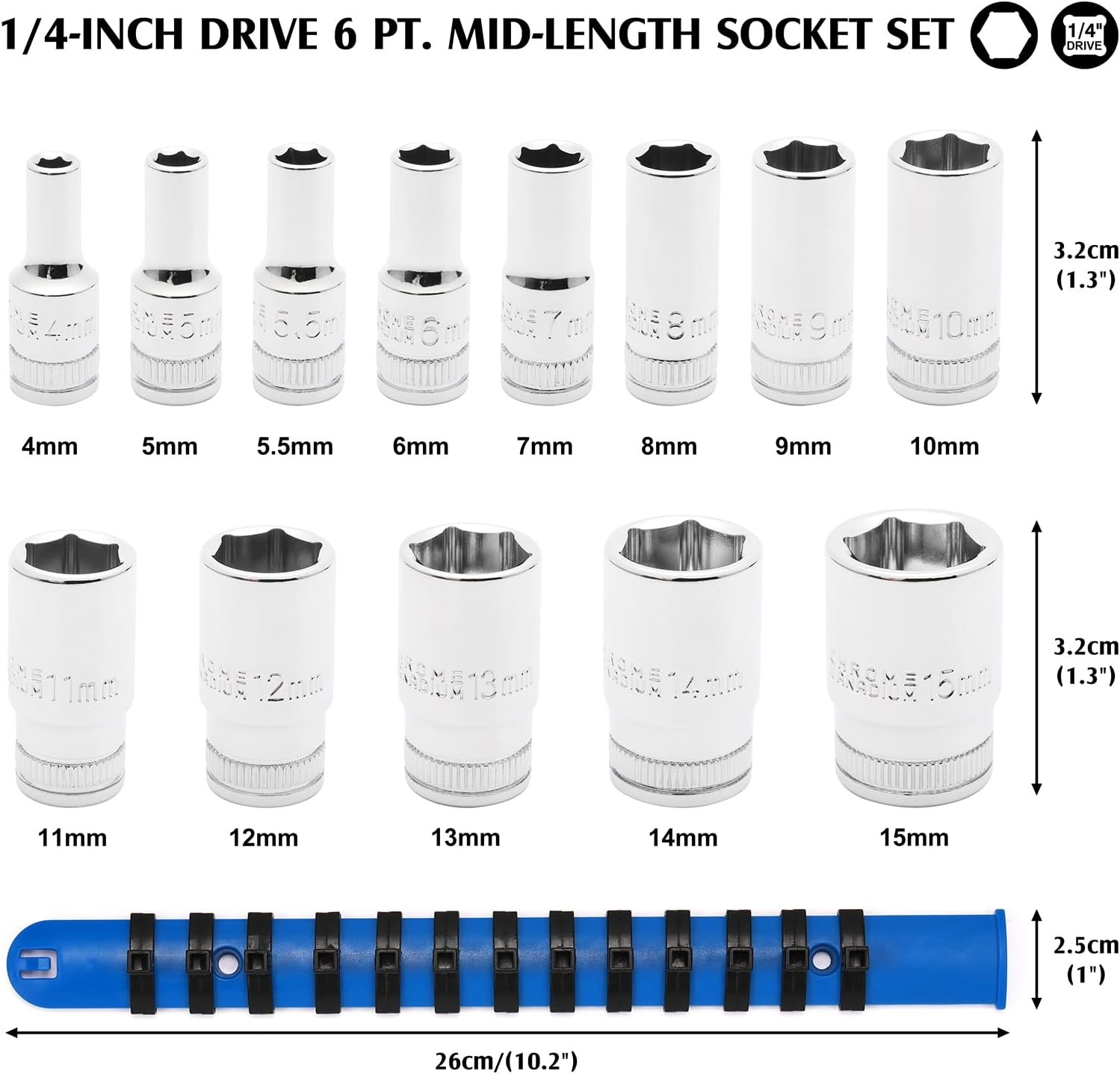 13pc 1/4 Drive Metric Mid Length Socket Set 6 Point Semi Deep #80304S
