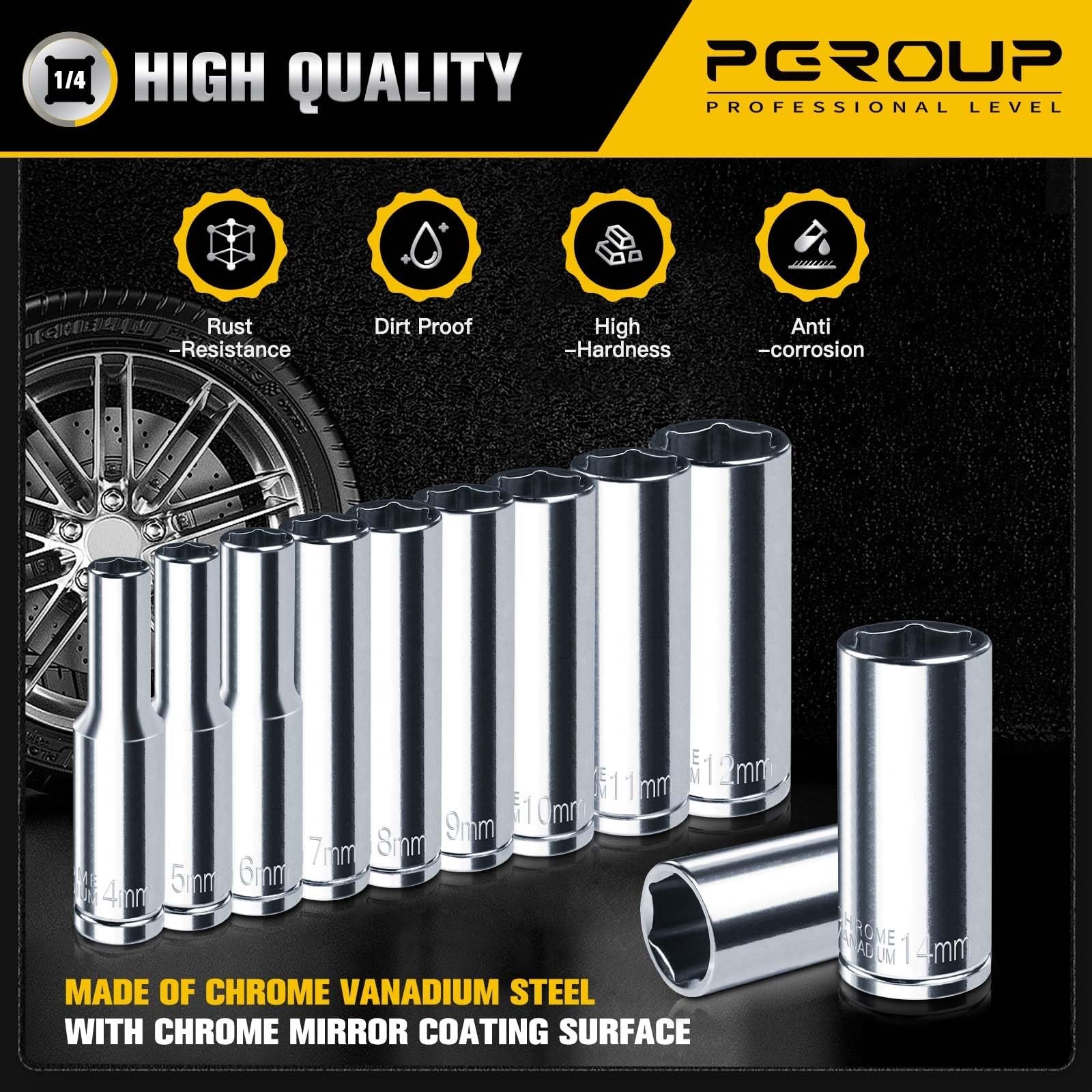 11PCS 1/4″ Drive Deep Socket Set, Metric 4mm-14mm, 6-Point, Chrome Vanadium, Sto