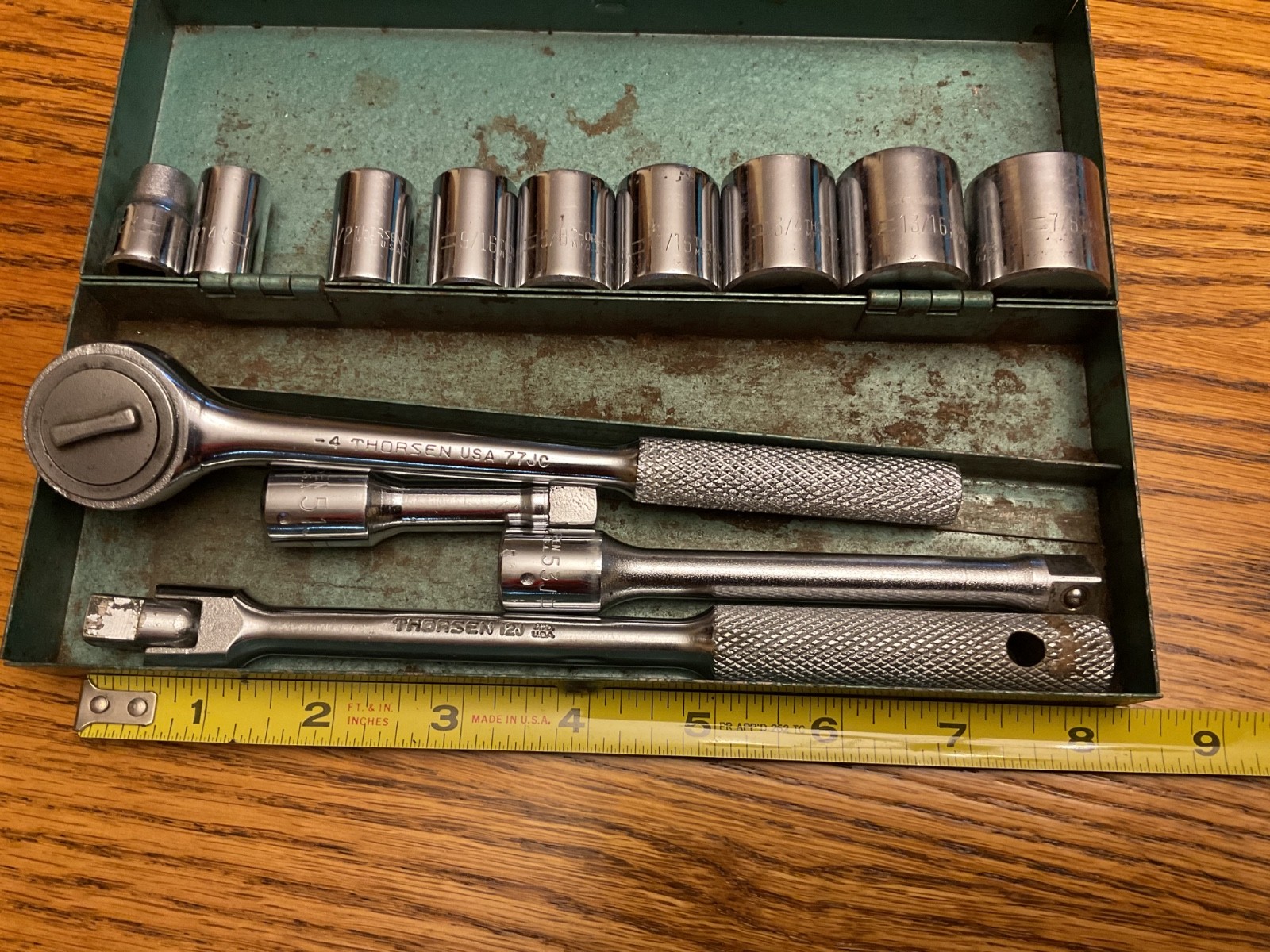VINTAGE THORSEN USA 13 PIECE 3/8 DRIVE SOCKET SET IN METAL BOX