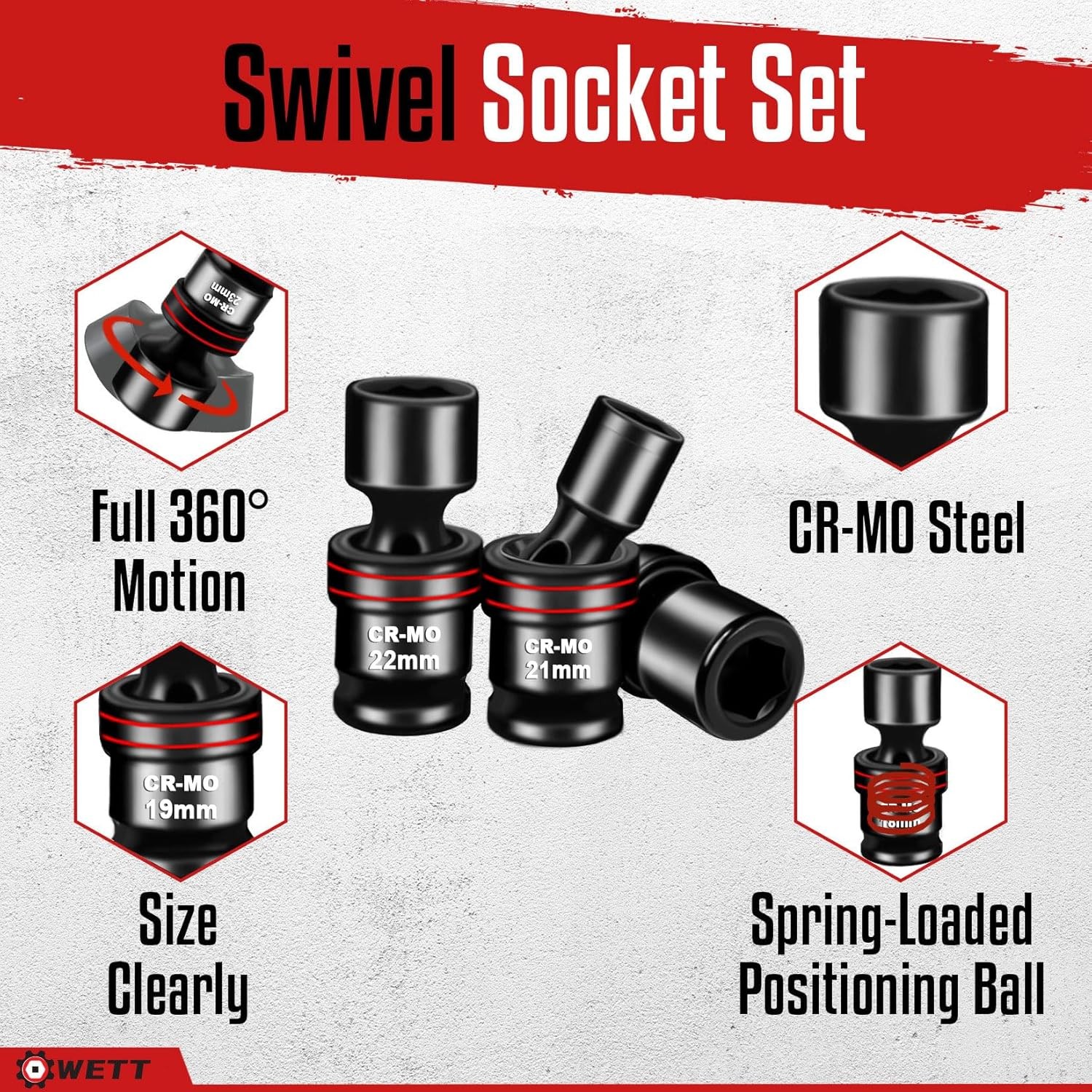 18PCS 1/2″ Drive Impact Swivel Socket Set Metric 6 Point Wobble 10-24mm CR-MO