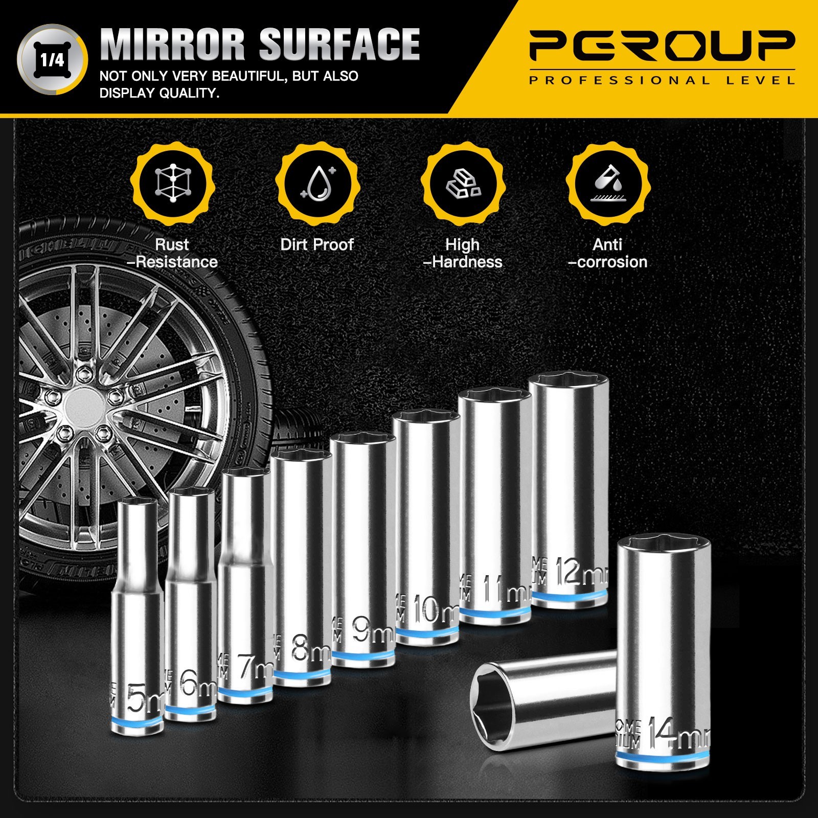 10PCS 1/4” Drive Deep Metric (5mm-14mm) Socket Set, 6-Point, Cr-V Steel